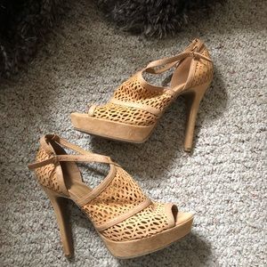 BCBG Suede Cage Platform Heels